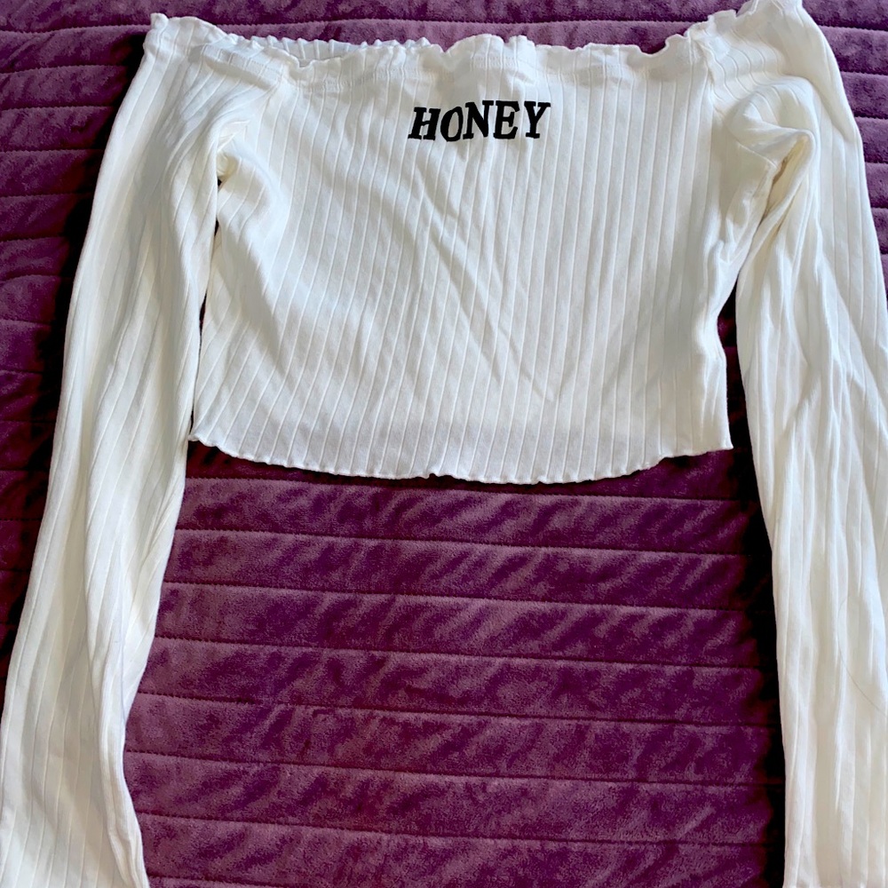 Off The Shoulder Long Sleeve White Frill Trim Honey Crop Top Size Medium (M)